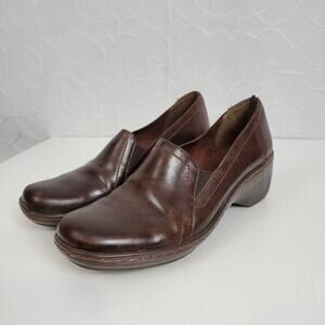 Clarks Womens Shoes Size 7.5 Brown Leather Wedge Heel Slip On‎ Loafer 71809